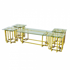طقم طاولات خدمة مستطيلة ستيل وزجاج 4 قطع+1 لون ذهبي