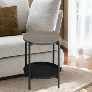 طاولة شاي صغيرة تصميم دائري مميز من الخشب لون رمادي غامق