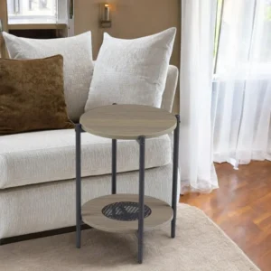 طاولة شاي صغيرة تصميم دائري من الخشب لون رمادي غامق