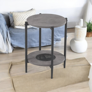 طاولة شاي صغيرة تصميم دائري من الخشب لون رمادي