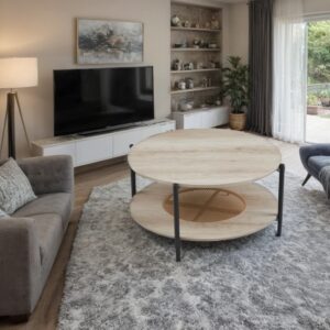 طاولة شاي وسط مفرد تصميم دائري من الخشب لون خشبي فاتح