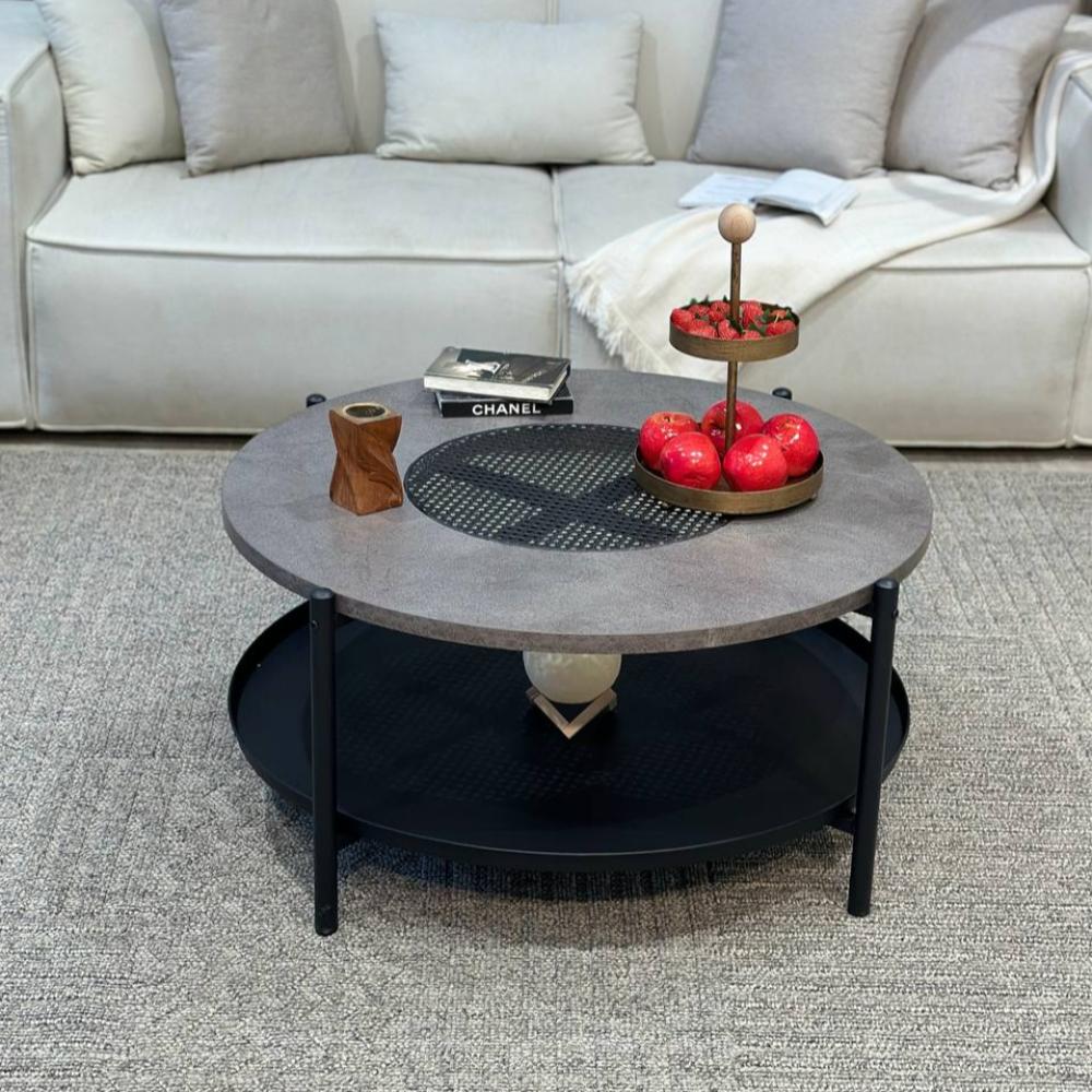 طاولة شاي وسط مفرد تصميم دائري فاخر من الخشب لون رمادي 1 طاولة شاي وسط مفرد تصميم دائري فاخر من الخشب لون رمادي