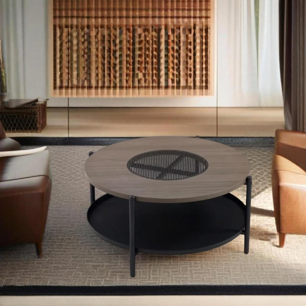 طاولة شاي وسط مفرد تصميم دائري فاخر من الخشب لون رمادي غامق 1 طاولة شاي وسط مفرد تصميم دائري فاخر من الخشب لون رمادي غامق