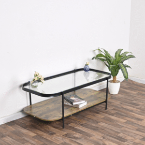 طاولة شاي وسط خشب مع زجاج عملية لون بني