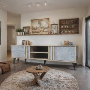 طاولة تلفزيون بلازما تصميم فريد مقاس 140×40×45 سم لون خشبي فاتح ورمادي