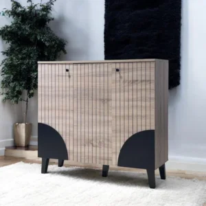 دولاب أحذية ماليزي متعدد الأغراض تصميم رائع 3 باب لون  خشبي وأسود مقاس 35×95×100 سم