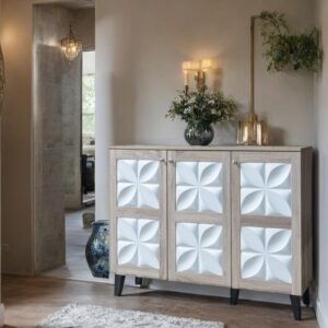 دولاب أحذية ماليزي متعدد الأغراض تصميم مودرن ومميز 3 باب لون خشبي وأبيض مقاس 34×95×120 سم