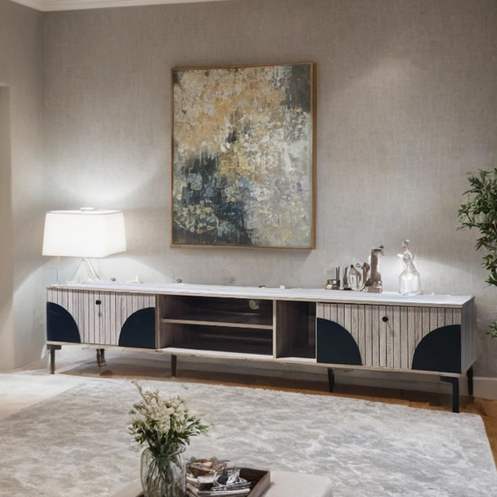 طاولة تلفزيون بلازما تصميم أنيق مقاس 200×40×45 سم لون رمادي واسود 1 طاولة تلفزيون بلازما تصميم أنيق مقاس 200×40×45 سم لون رمادي واسود