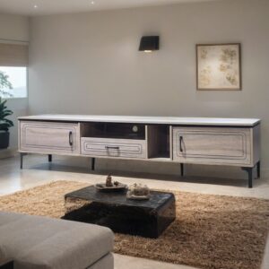 طاوله تلفزيون بلازما تصميم فريد مقاس 200×40×46 سم لون خشبي فاتح