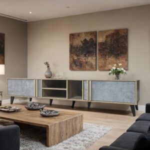 طاولة تلفزيون بلازما تصميم فريد مقاس 200×40×45 سم لون خشبي فاتح ورمادي