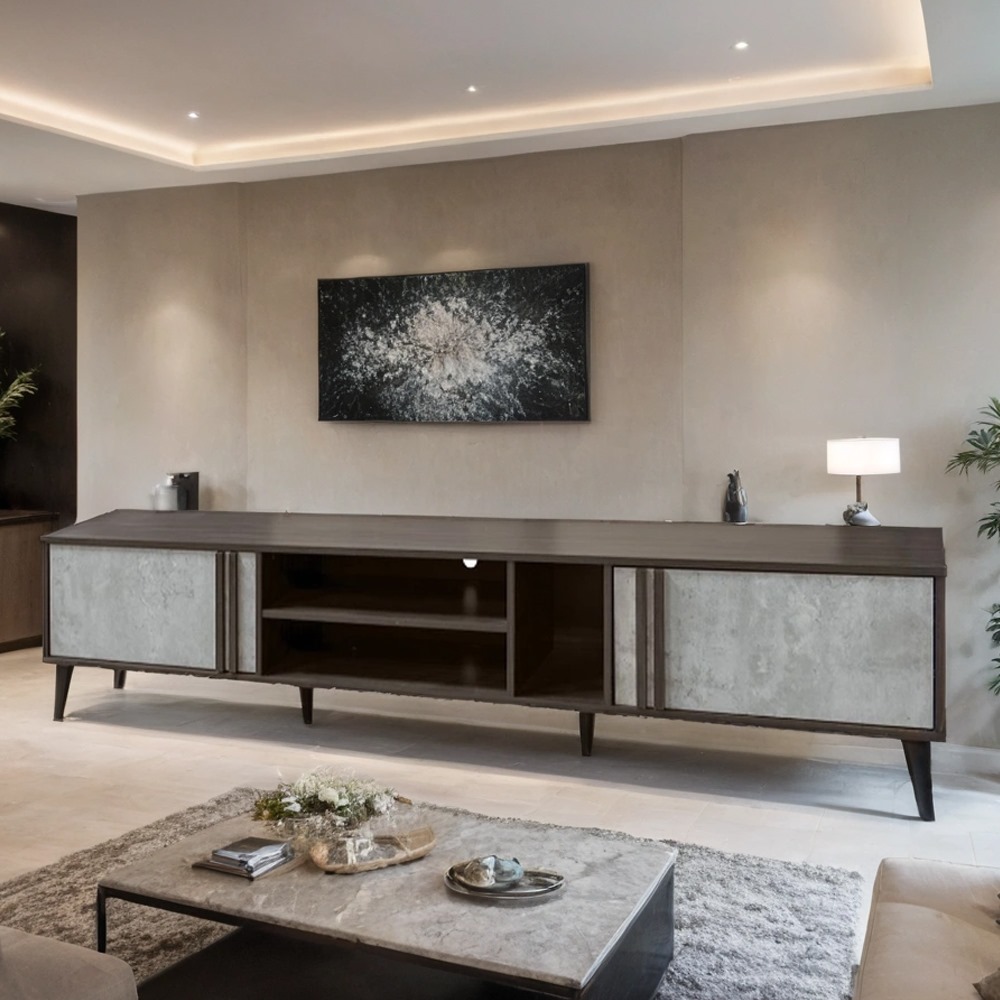 طاولة تلفزيون بلازما تصميم فريد مقاس 200×40×45 سم لون بني ورمادي 1 طاولة تلفزيون بلازما تصميم فريد مقاس 200×40×45 سم لون بني ورمادي