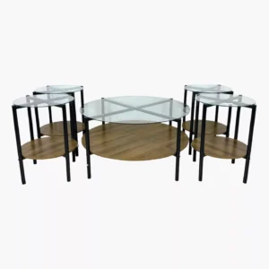 طقم طاولات خشب + زجاج 5 قطع - خشبي