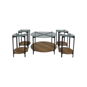 طقم طاولات خشب + زجاج 5 قطع - بني