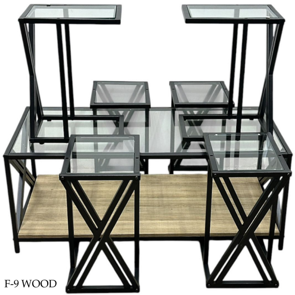 طقم طاولات شاي سطح زجاج انيق 7 قطع - خشبي 1 طقم طاولات شاي سطح زجاج انيق 7 قطع - خشبي