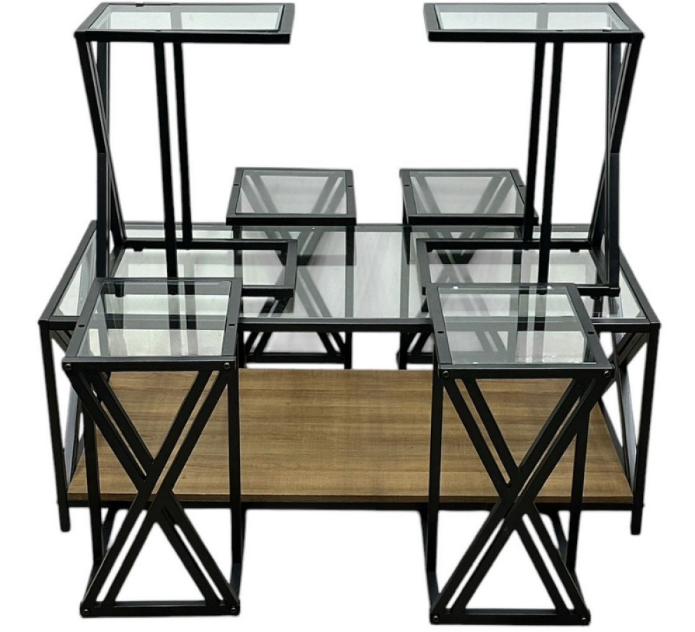 طقم طاولات شاي سطح زجاج انيق 7 قطع - بني 1 طقم طاولات شاي سطح زجاج انيق 7 قطع - بني