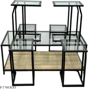 طقم طاولات شاي سطح زجاج رائع 7 قطع - خشبي