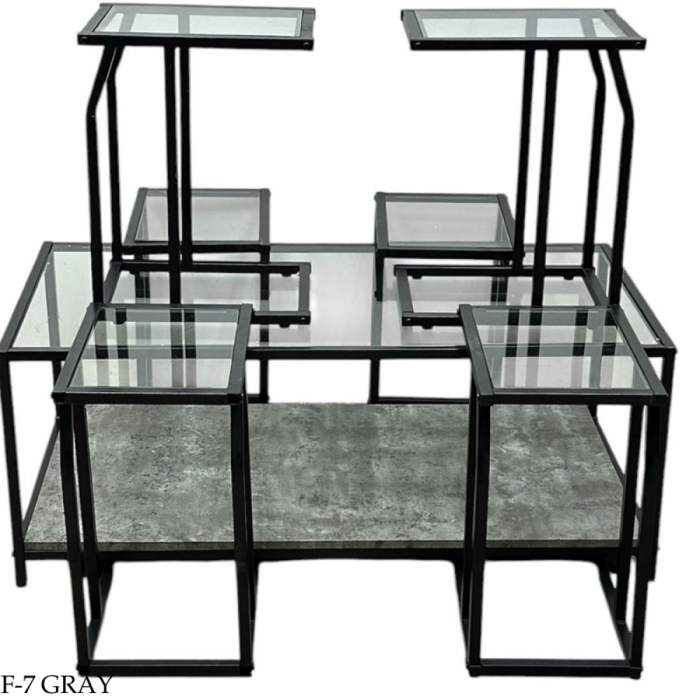 طقم طاولات شاي سطح زجاج رائع 7 قطع - رمادي 1 طقم طاولات شاي سطح زجاج رائع 7 قطع - رمادي