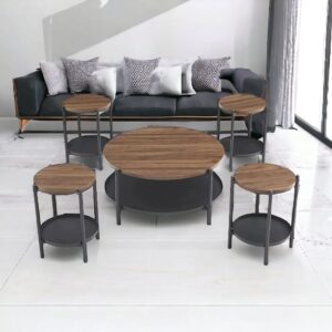 طقم طاولات شاي تصميم دائري مميز من الخشب 4 قطع +1 لون بني غامق