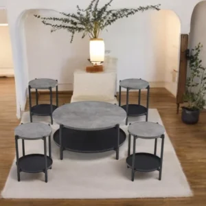 طقم طاولات شاي تصميم دائري مميز من الخشب 4 قطع +1 لون رمادي