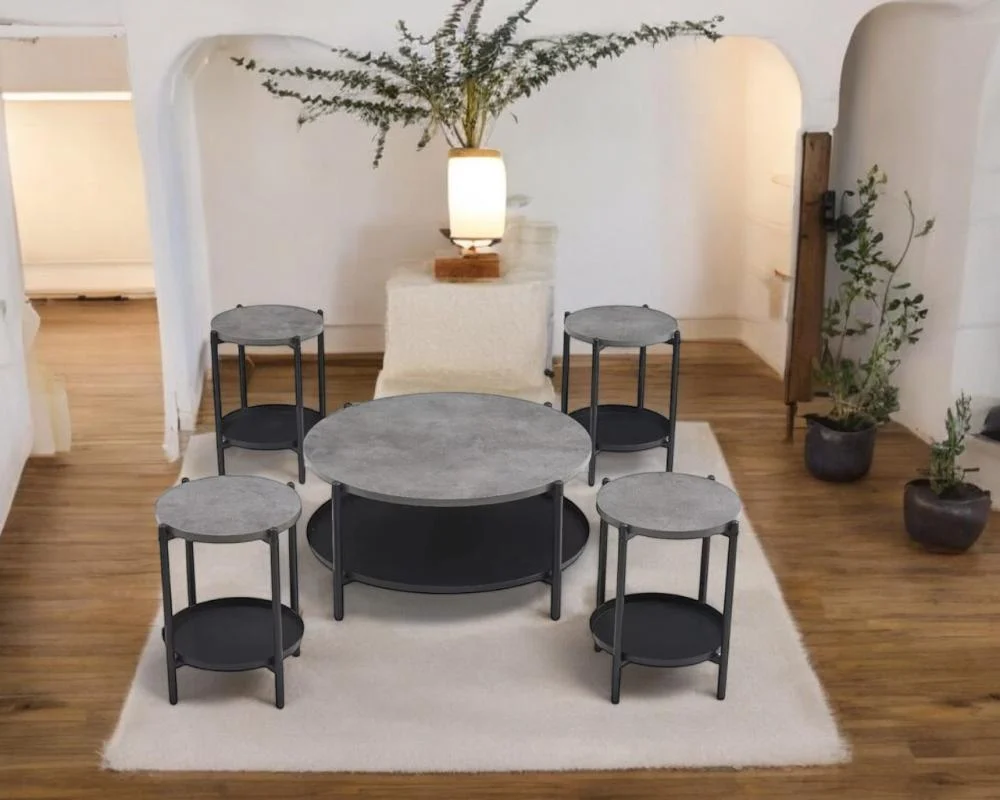 طقم طاولات شاي تصميم دائري مميز من الخشب 4 قطع +1 لون رمادي 1 طقم طاولات شاي تصميم دائري مميز من الخشب 4 قطع +1 لون رمادي