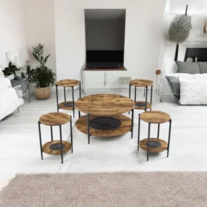 طقم طاولات شاي تصميم دائري من الخشب 4 قطع +1 لون بني