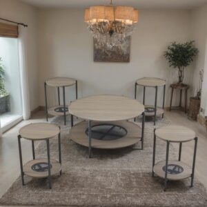 طقم طاولات شاي تصميم دائري من الخشب 4 قطع +1 لون رمادي غامق