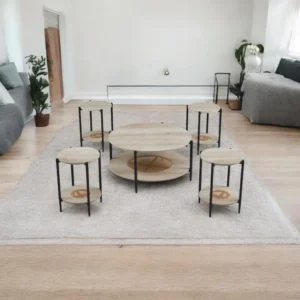 طقم طاولات شاي تصميم دائري من الخشب 4 قطع +1 لون خشبي فاتح
