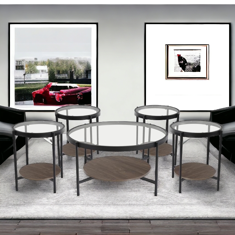 طقم طاولات شاي تصميم دائري عصري من الخشب و الزجاج 4 قطع +1 لون بني غامق 1 طقم طاولات شاي تصميم دائري عصري من الخشب و الزجاج 4 قطع +1 لون بني غامق