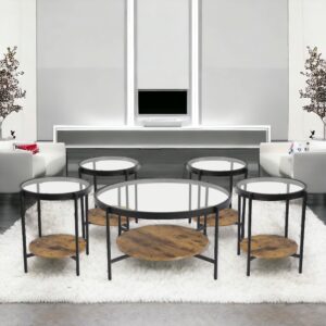 طقم طاولات شاي تصميم دائري عصري من الخشب و الزجاج 4 قطع +1 لون بني