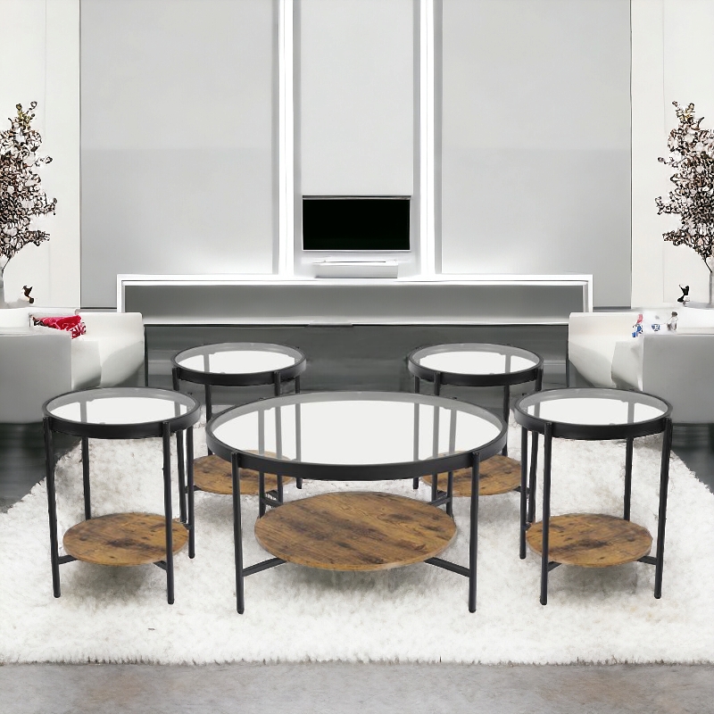 طقم طاولات شاي تصميم دائري عصري من الخشب و الزجاج 4 قطع +1 لون بني 1 طقم طاولات شاي تصميم دائري عصري من الخشب و الزجاج 4 قطع +1 لون بني