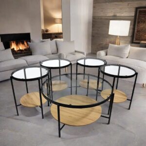 طقم طاولات شاي تصميم دائري عصري من الخشب و الزجاج 4 قطع +1 لون خشبي