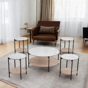 طقم طاولات شاي تصميم أنيق من السيراميك و الخشب 4 قطع+1 لون خشبي