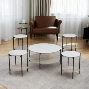 طقم طاولات شاي تصميم أنيق من السيراميك و الخشب 4 قطع+1 لون بيج