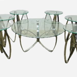 طقم طاولات خدمة استيل زجاج عصري - 7 قطع - فضي