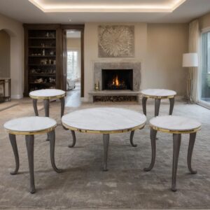 طقم طاولات شاي دائرية سيراميك 4 قطع +1 لون ذهبي وخشبي