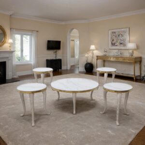 طقم طاولات شاي دائرية سيراميك 4 قطع +1 لون ذهبي وخشبي فاتح