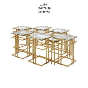 طقم طاولات خدمة تصميم راقي من الستيل والزجاج 6 قطع+1 لون ذهبي
