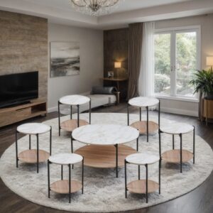 طقم طاولات شاي تصميم أنيق من السيراميك و الخشب 6 قطع+1 لون خشبي