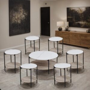 طقم طاولات شاي تصميم أنيق من السيراميك و الخشب 6 قطع+1 لون بيج