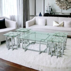 طقم طاولات خدمة مربعة ستيل وزجاج 4 قطع+1 لون فضي