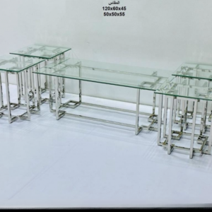طقم طاولات خدمة مستطيلة ستيل وزجاج 4 قطع+1 لون فضي