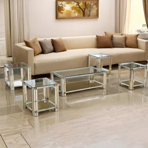 طقم طاولات خدمة تصميم فاخر من استيل وزجاج 4 قطع+1 لون فضي وذهبي